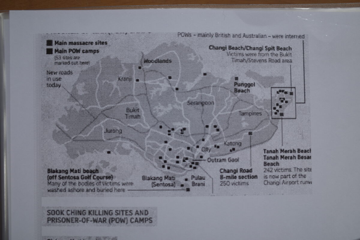 Map showing Sook Ching massacre sites and prisoner-of-war camps, newspaper article, research material