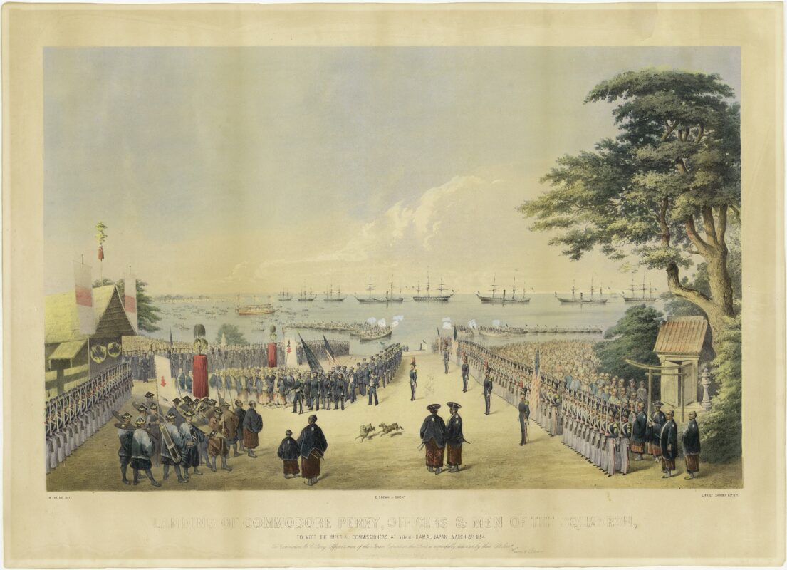 Perry’s party landing at Yokohama on March 8, 1854, with the fleet lined up in the bay