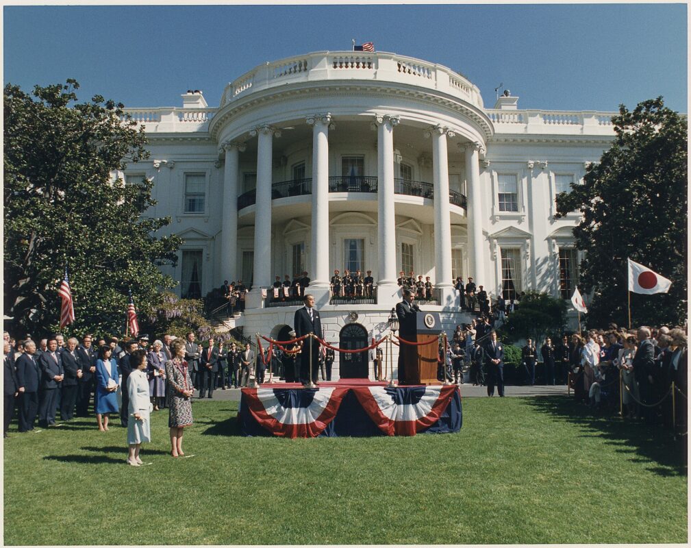 President Reagan speaking at the White House arrival ceremony for Prime Minister Yasuhiro Nakasone’s official visit, April 30, 1987