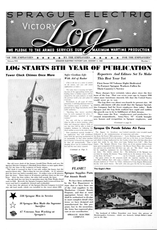 Front page of Sprague Electric Victory Log, August 11, 1945, with the article “Sprague Supplies Parts For Atomic Bomb”