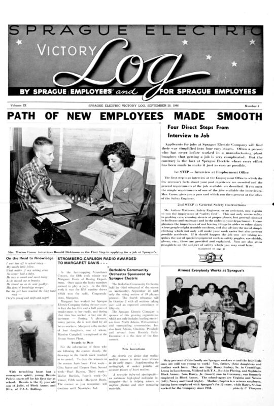 Front page of Sprague Electric Victory Log, September 28, 1946